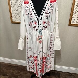 Boho Floral Long Sleeve Dress - White and Red